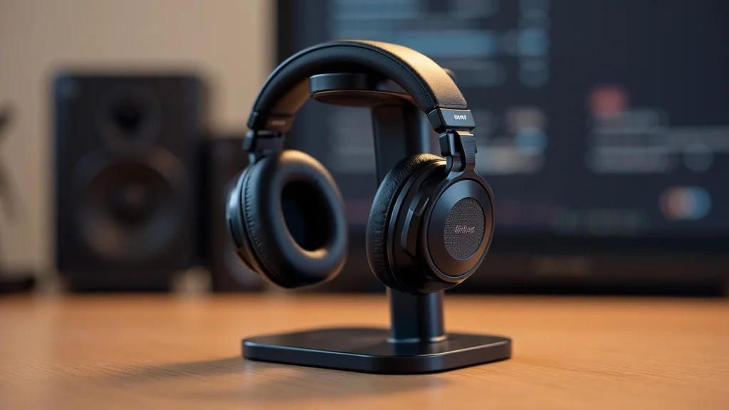 The image shows several stylish headphone stands displaying premium headphones, aiding in choosing your perfect stand.